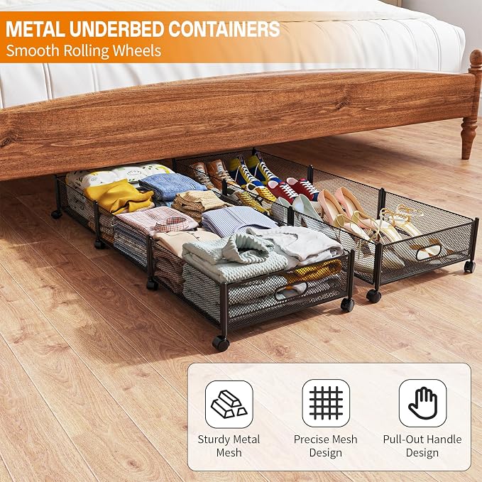 Under Bed Storage With Wheels, 47.2''/90lbs/57.6L, Metal Frame Under Bed Rolling Storage, Tool-Free Assembly Underbed Drawers, Underbed Organizer Containers for Shoes, Clothes and Toys