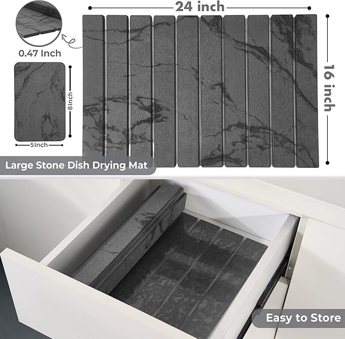 Drying Matt Kitchen Counter,Large Stone Dish Drying Mat for Kitchen Counter,Foldable Water Absorbing Diatomaceous Earth Drying Organizer Pad for Kitchen Utensils(Dark Gray 24"×16" & 8"x4")