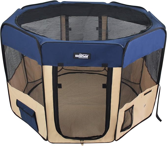 EliteField 2-Door Soft Pet Playpen for Dogs and Cats (2-Year Warranty) | 600D Fabric, Washable Floor Mat & Top Cover, Indoor/Outdoor, Carrying Bag, Ground Stakes, Zipper Locks