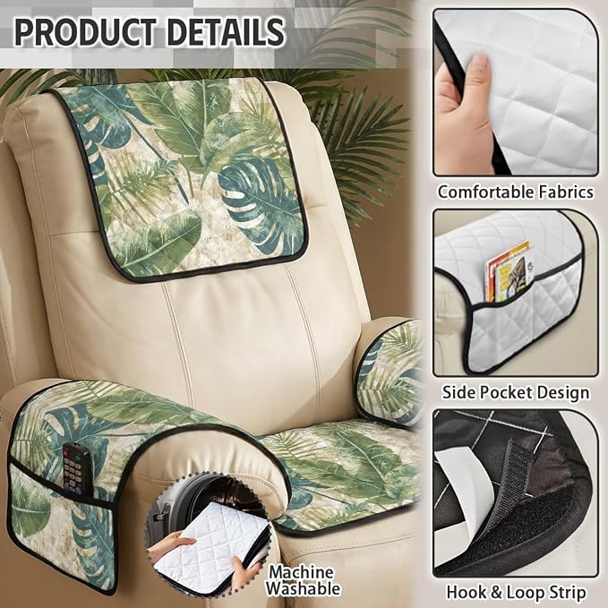 4 Piece Tropical Leaves Quilted Recliner Covers Washable Monstera | Recliner Slip Covers for Lazy Boy Recliners Non Slip Vintage Chair Covers with Arms for Living Room Decor, Stain Resistant