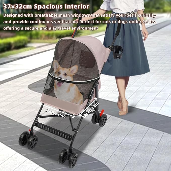 Pet Stroller for Small Medium Dogs Up to 22lbs, 4 Wheels Folding Pet Carriage Cart for Dogs Cats, Portable Cat Puppy Jogging Stroller with Rear Pocket and Cup Holder (Pink)