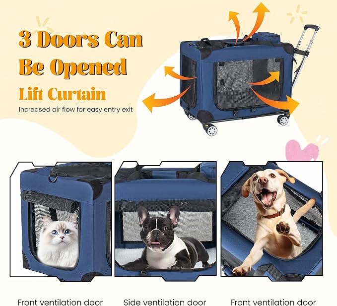 2 in 1 Rolling Dog Crate with Wheels, 24'' Collapsible Travel Pet Carrier for Medium Large Dogs, Portable Folding Kennel with 3-Door Design & Mesh Windows (Dark Blue + 28'')