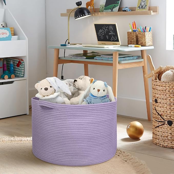 Purple Rope Storage Basket, 22" X 14" Large Woven Baskets, Jumbo Floor Bin for Throw Blankets Pillows, Baby Laundry Basket, Dirty Clothes Organizer, Big Storage Bin for Toys, Towels