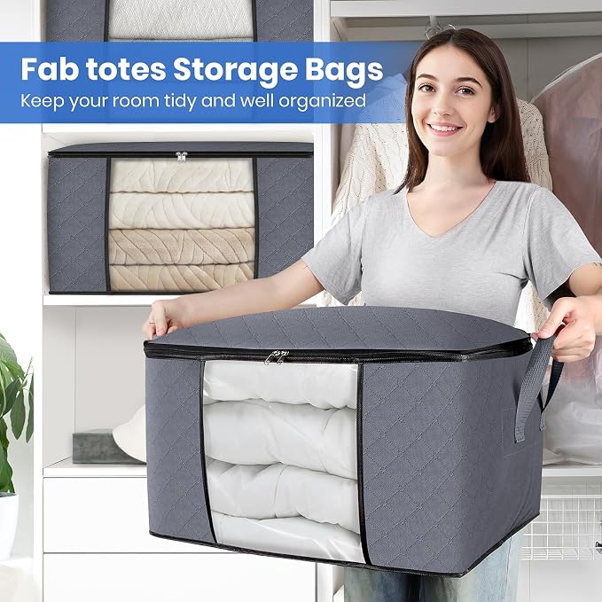 3 Pack Storage Bags for Clothes Blanket Storage Bins with Lids | Foldable Closet Organizers with Zippers,Window and Handles,Fabric Storage Bins for Sweater,Comforter,Bedding,Dorm essentials