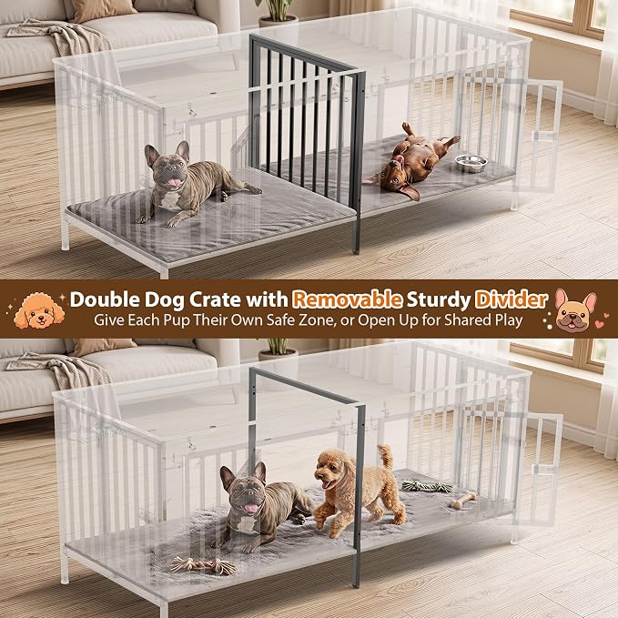 EasyCom 55" Wooden Double Dog Crate Furniture, Removable Divider, Oak Grey | Raised Legs, For 1–2 Small to Medium Dogs, Multiuse TV, Plant & Display Stand