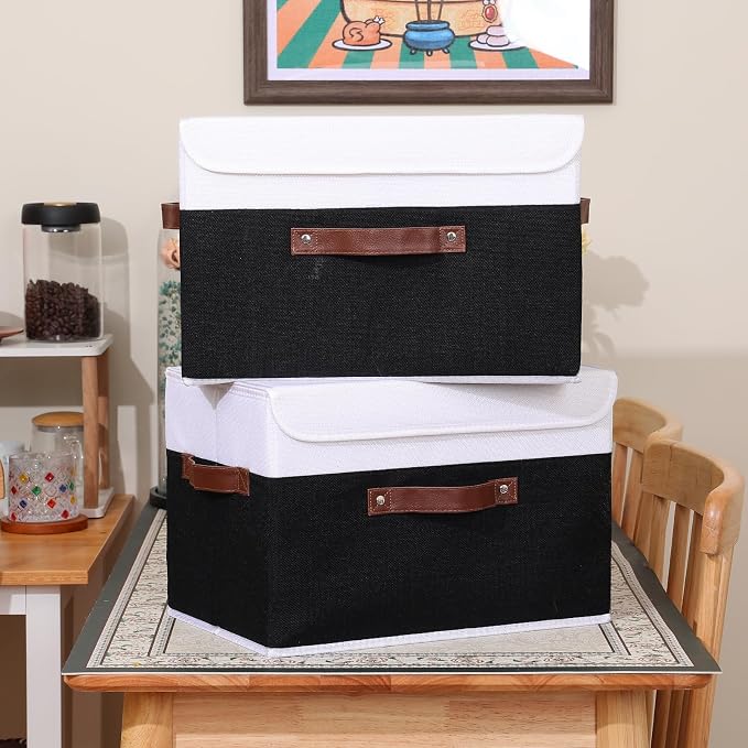ANMINY Fabric Storage Box Bins with Lids, Black White, 15"x10"x10", 2 Pack | Keepsake Memory Storage, Cotton Linen, PP Board Reinforced, Washable, PU Handles, Foldable & Stackable, Decorative, Large