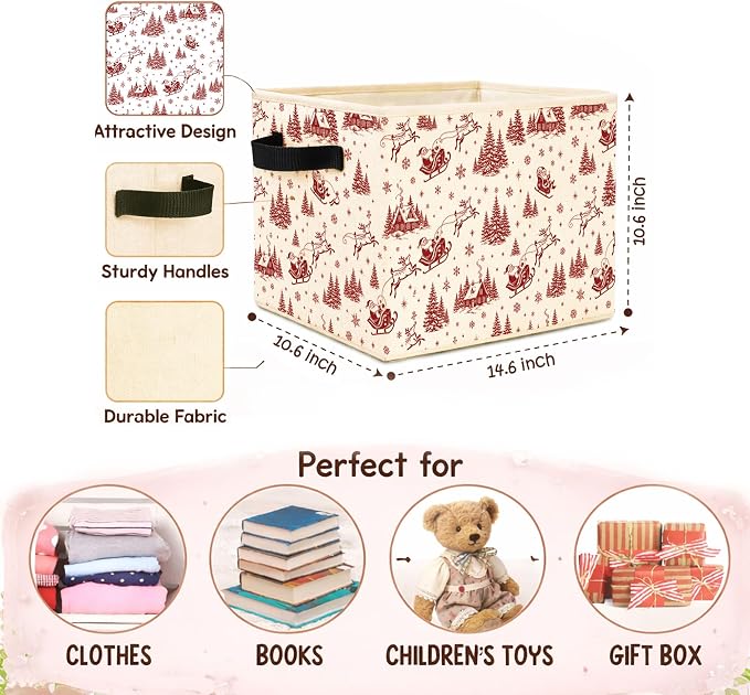 Santa Sleigh Storage Bin, Christmas Fabric Organizer | Red Santa sleigh storage bin with reindeer, trees, houses, and snowflakes for holiday toys, books, clothes, and closets.