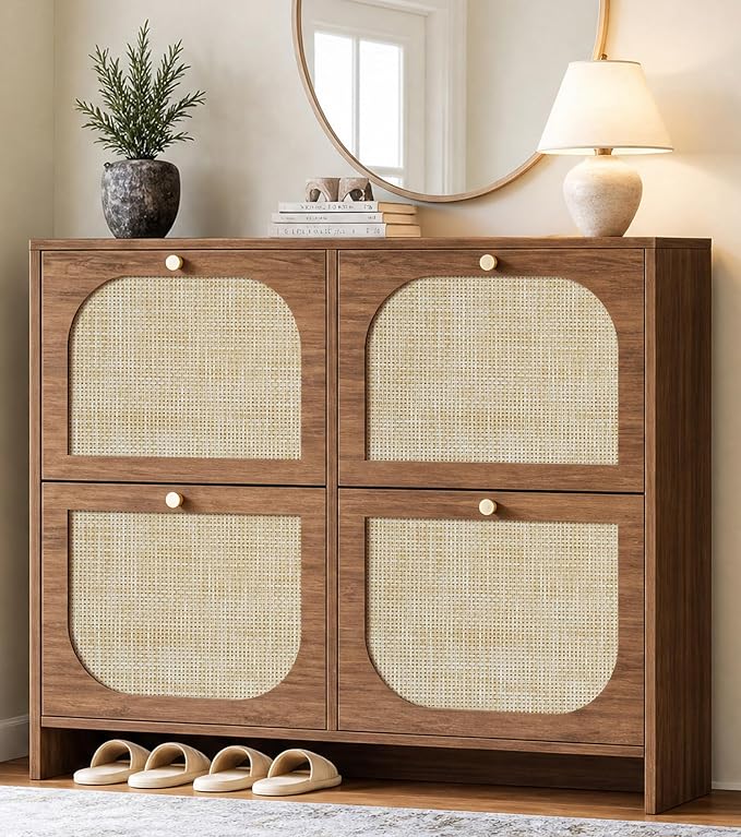 Freestanding Ultra Slim Arched Rattan Accent Shoe Storage Cabinet for Entryway - 4 Flip Drawers & 3-Tier Adjustable Shelves, Farmhouse Modern Rustic Shoe Rack for Hallway, Foyer Oak