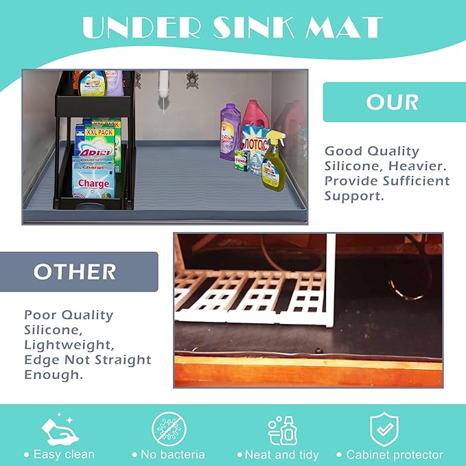 URMONA Waterproof Silicone Under Sink Mat 40'' x 22'' Shelf Liner for Kitchen and Bathroom, Cabinet and Counter Protector, Storage and Organizers, Litter Mat, Pet Cat Puppy Essentials(Light Grey)