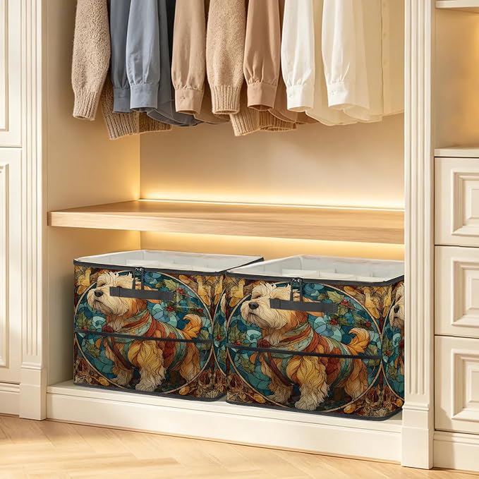 TropicalLife Boho Strained Glass Dog Shoe Organizer for Closet | Foldable Shoe Storage Box Bin 16-32 Pair Shoe Storage for Sneakers, Boots & Heels with Adjustable Dividers, Clear Cover