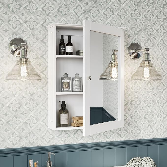 RiverRidge Ashland Bathroom Wall Mount Medicine Cabinet with Mirror, White | Bath Storage Cabinet with Adjustable Interior Shelf and Soft Close Hinges, Large Framed Mirror