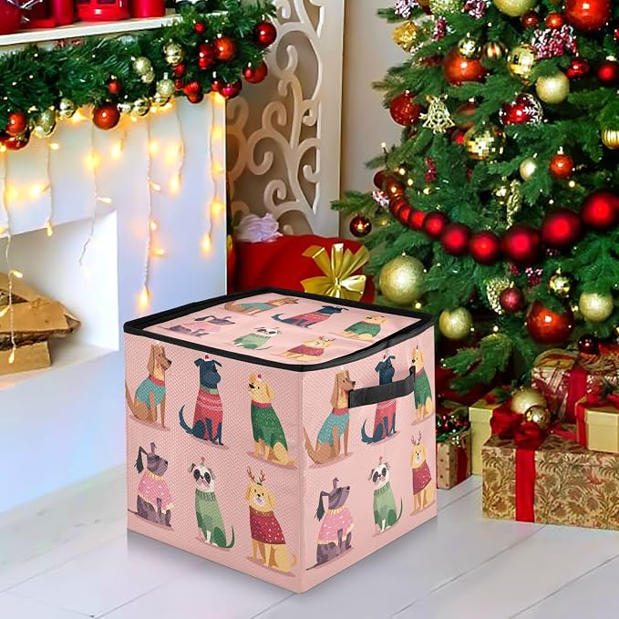 OTVEE Christmas Ornament Storage Box Holiday Decoration Organizer Stores upto 64 Holiday Ornaments Adjustable Dividers Tear-Proof Fabric Christmas Pet Whimsy