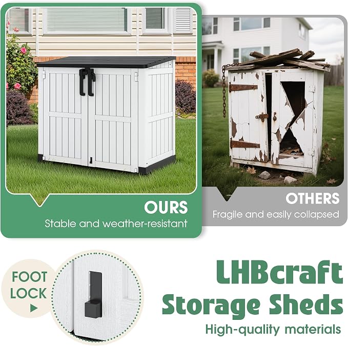 LHBcraft 36 Cu Ft Outdoor Storage Cabinet, Horizontal Resin Storage Shed Box for Backyards, Patios, Portable Waterproof Outdoor Storage Box with Lockable Doors, Ashen