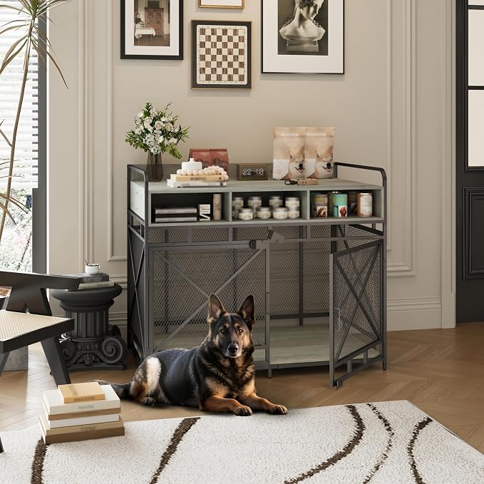 Fulhope Dog Crate Furniture, 48" Heavy Duty Wooden Dog Crate End Table, XL Dog Kennel Furniture Large Breed, Decorative Dog Kennel Indoor with 3 Drawers & Steel Tubes 48" L x28 W x38 H (Grey)