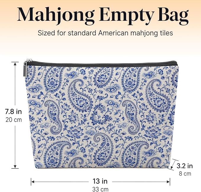 Boho Blue Paisley Empty Mahjong Tile Bag 13x7.8 Inch | Preppy Floral Printed Portable Travel Case Organizer Zipper Pouch for American Mahjong Tiles Game Night Accessories and Gifts