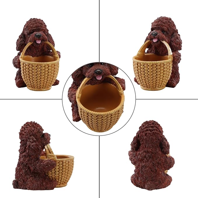 Chocolate Brown Teddy Poodle Candy Bowl, Resin Dog Figurine Key Bowl for Entryway Table, Desktop Storage Basket Organizer for Desk, Unique Dog Lover Gift
