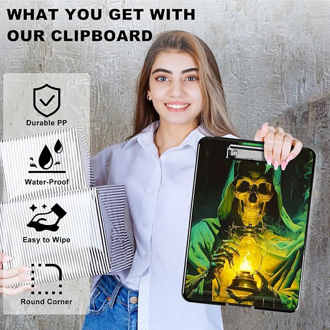 Green Skull Flame A4 Clipboard with Storage Pen Holder, Clipboards Organizer Nursing Clipboard Foldable File Folder Plastic Clipboard Folio Clip Board for Office Students Classroom Doctor