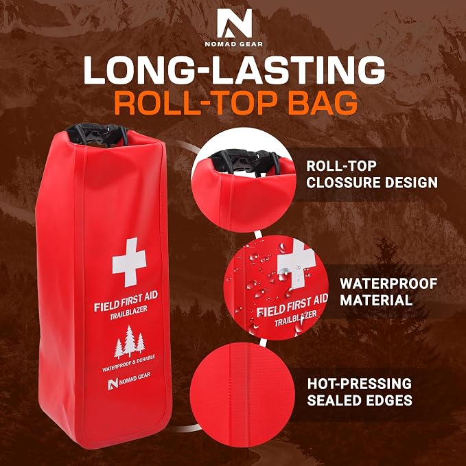 Waterproof First Aid Kit for Camping, Boating, Hiking – 64-Piece Outdoor Emergency Medical Bag with Roll-Top Closure by Nomad Gear