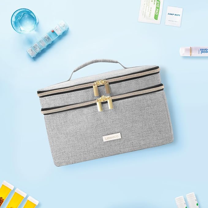 Lexeeco Medicine Storage Bag Pill Bottle Organizer with Portable Small Pouch Travel Medication Bottle Organizer for Emergency Home First Aid Box Kit (Gray) | Medication Case with Lockable Zipper for Pill,Vitamin,Medicine Storage Box for College Dorm St...