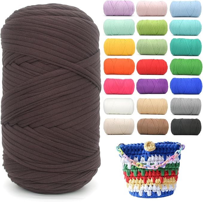 400g Tshirt Yarn for Crochet,Coffee Brown T Shirt Soft Elastic Fabric Chunky Thick T-Shirt Crochet Yarn for Crocheting Knitting Beginner Hand Knitting for Bag/DIY Craft/Home Decor-Dark Coffee