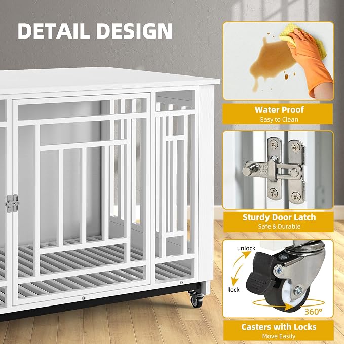 DWVO 38 Inch Dog Crate Furniture with Wheels & Removable Tray | Dog Kennel Indoor Heavy Duty End Table for Large Medium Dogs, Decorative Wooden Dog Cage Table, Chew-Resistant, White