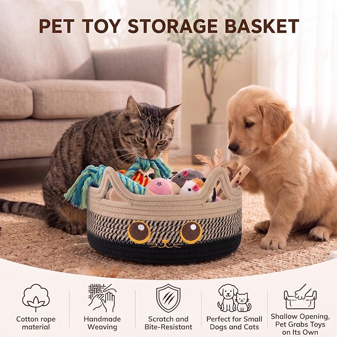 Small Cotton Rope Storage Basket,Round Cat Toy Basket,Beige & Black | Cute Decorative Dog Toy basket, Toy Bin for Baby, Pet, Gift Basket for Halloween, Baby Shower , 11"×11"×4.7"