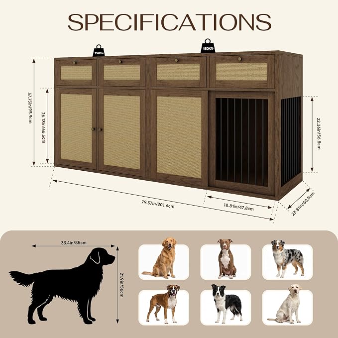 PureCozy 2-Piece Dog Crate Furniture, Right, 80 Inch, Dark Oak | Right-unit kennel with metal sliding door plus cane storage cabinet and 4 total drawers; furniture-style indoor console.