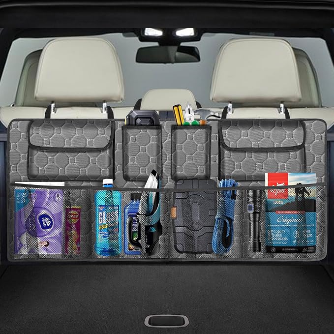 esouler Car Trunk Organizer, Super Capacity Backseat Car Organizer for SUV/Truck/MPV(42"*18"), Hanging Car Storage Organizer with 8 Pocekts, Car Accessories for Women and Men- Grey