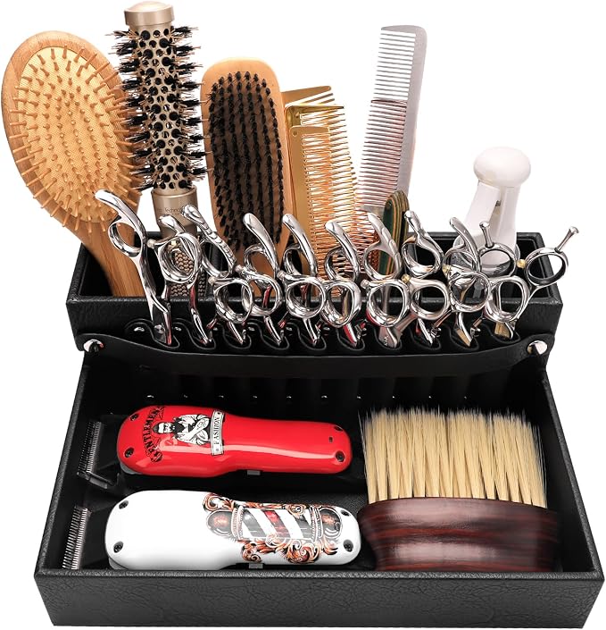 Barber Station Tray for Scissors Holder & Clippers Organizer, Barber Accessories Storage Station for Combs/Hair Clip/Trimmers, Barber Salon Home Desktop Tool Organizer(Small 11.9" x 8.8" x 4.4")