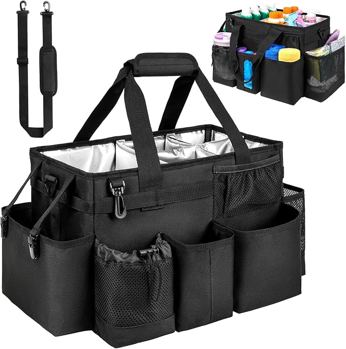 Cleaning Caddy Bag, Large Cleaning Bag for Housekeepers, Black | Cleaning Caddy Organizer for Cleaning Supplies with Handle and Adjustable Shouder Strap, Easy to Clean & Heavy Duty Design