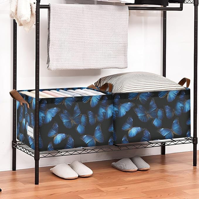 Black Background Blue Butterflies Storage Basket Foldable Cube Storage Bins with Handles&Label Waterproof Collapsible Organizer Box Bin Large Rectangle Decorative Baskets for Shelves Home Room Laundry