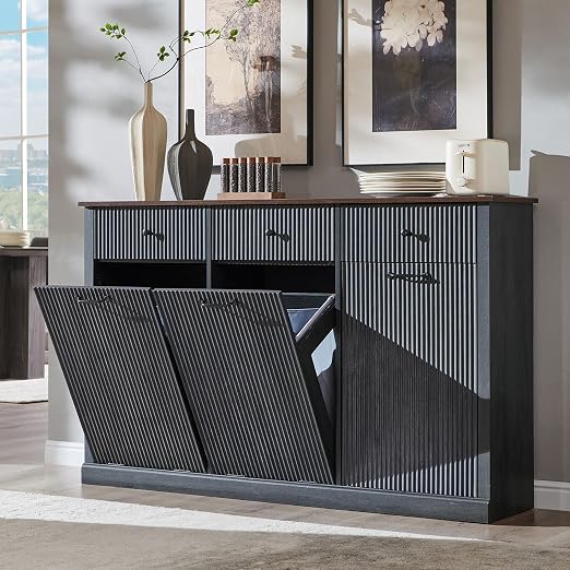 IFGET Triple Tilt Out Trash Can Cabinet, Modern Fluted Laundry Hamper Cabinet with 3 Drawers, 20 Gallon Hidden Wooden Garbage Can Cabinet w/Storage Basket & Adjustable Shelf, for Kitchen, Grey