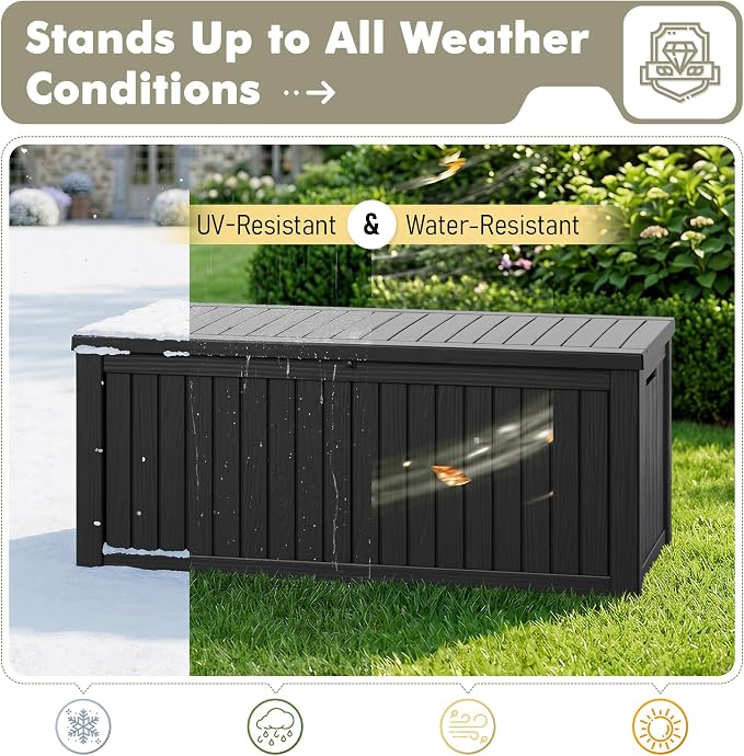 230 Gallon Outdoor Storage Box Waterproof Deck Box for Patio | Black, Resin, Large, Weatherproof, Divider, Lockable, Hydraulic Rod, Easy Assembly, Patio Cushions Storage, Organization
