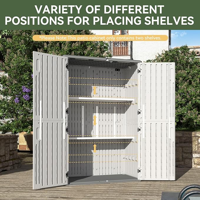 Aoxun 64 Cu.Ft Resin Outdoor Storage Shed with 2 Shelves & Floor, White | Vertical Waterproof Cabinet for Garage, Pool, Bike, Garden Tools, Patio Furniture