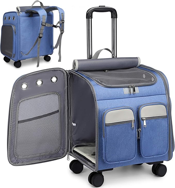Wheeled Pet Carrier Backpack Pet Stroller, Travel Carrier, Car Seat for Small Dogs Cats Puppies, Comfort Cat Backpack Removable Rolling Wheels – Mesh Ventilation Windows (Large Blue)