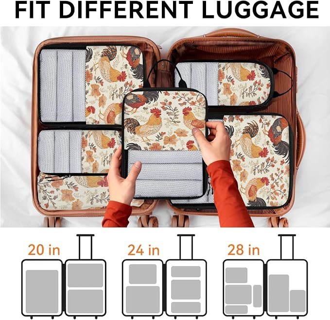 Farmhouse Chicken 6 Set Compression Packing Cubes | Flower Rooster Travel Accessories Expandable Packing Organizers Space Saver Bags for Organizing Clothes