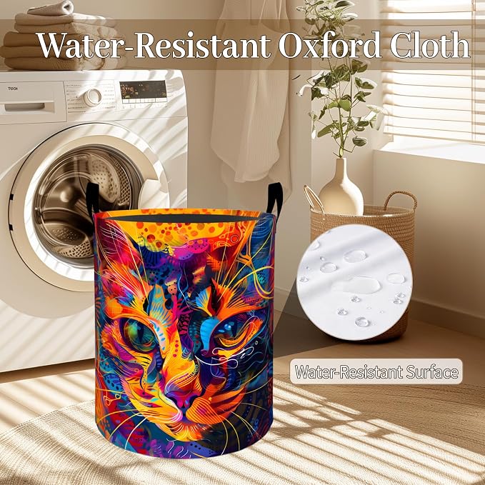 Colorful Cat Face Laundry Basket, Neon Kitten Foldable Oxford Cloth, Waterproof Dirty Clothes Hamper with Handles, Clothing Storage Bin Toy Organizer for Bedroom Dorm Bathroom, 19.7"x15.7"