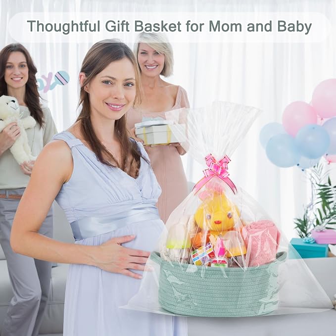 COMSE Empty Small Gift Basket with Bag & Ribbons, Light Green | Cotton Rope, 12"x 8"x 5", Baby Toy Organizer, Stores Small Items for Bedrooms, Nurseries, Bathrooms, Living Rooms, Offices