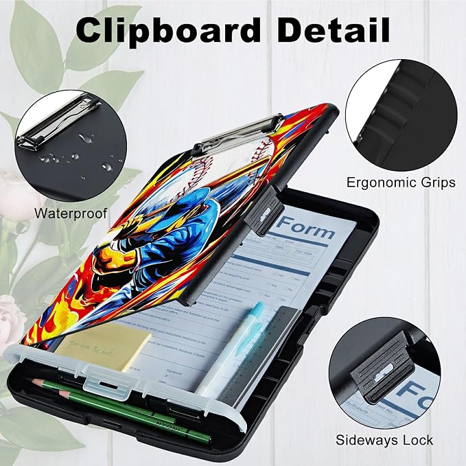 A4 Clipboard with Storage Pen Holder, Clipboards Organizer Nursing Clipboard Foldable File Folder Plastic Clipboard Folio Clip Board for Office Work Classroom Doctor, Baseball Man