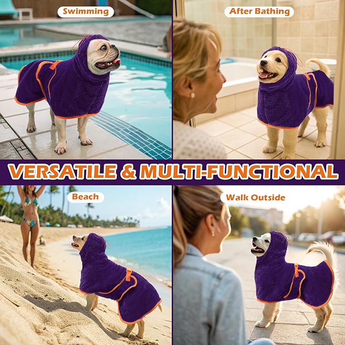 EXPAWLORER Soft Dog Bathrobe with Hood, Super Absorbent & Quick-Drying Dog Towels, Cozy Drying Coat for After Bath,Swimming, Purple XXL