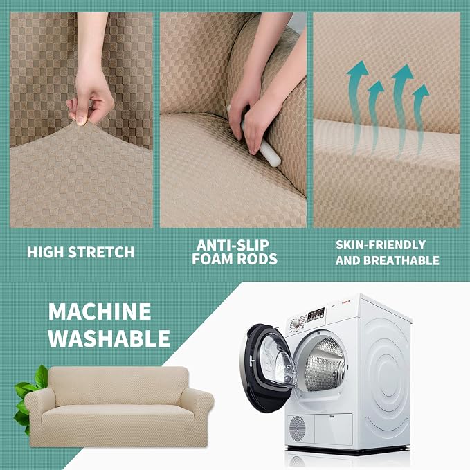 YEMYHOM Couch Cover Latest Jacquard Design High Stretch Sofa Chair Covers for Living Room, Pet Dog Cat Proof Armchair Slipcover Non Slip Magic Elastic Furniture Protector, Small (Chair, Khaki)