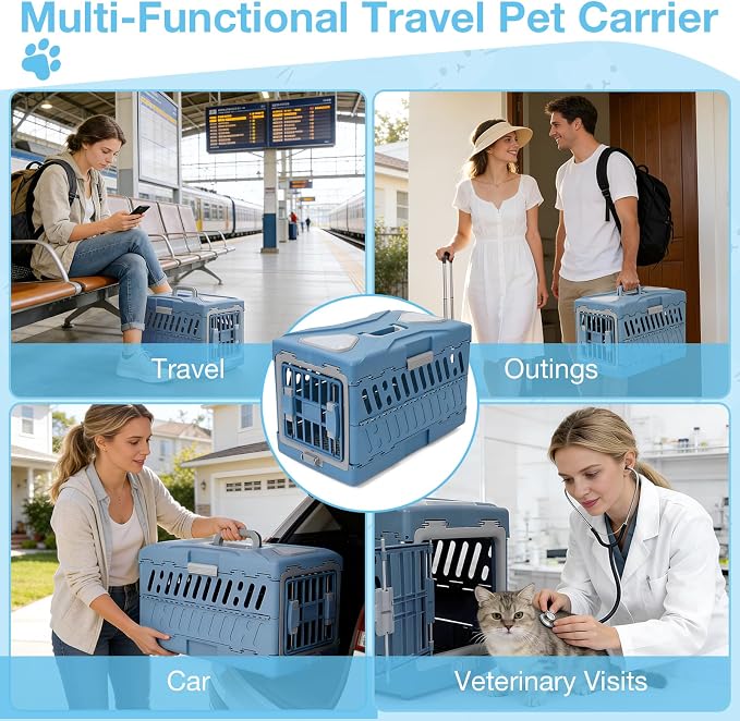Pet Carrier for Cats & Small Dogs, Foldable Hard Cat Carrier | 2-Door Safety Lock, 360° Fully Breathable, Visible Windows, Washable Home & Outdoor Pet Travel Kennel, Up to 22Lbs