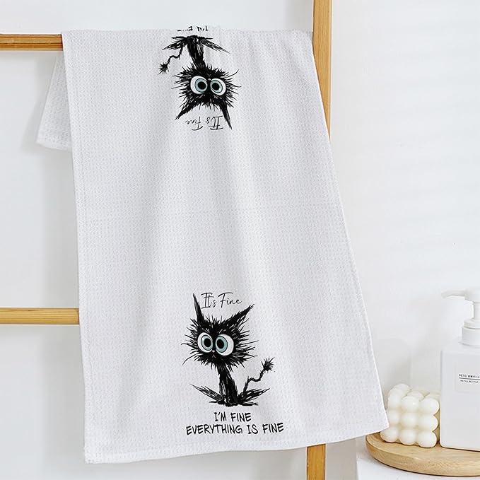 Cat Hand Towels for Bathroom, It's Fine I'm Fine Everything is Fine Funny, Humor, Cat Kitchen Towels, Cat Towels for Cat Lovers Gifts, Black Cat Dish Towels Tea Towels for Kitchen, 16x24 Inch