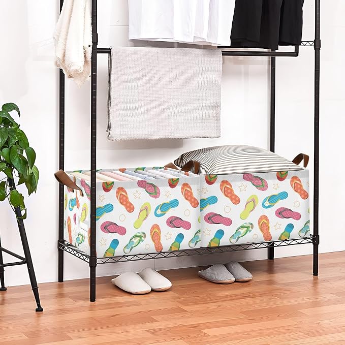 Beach Star Flip Flops Summer Slipper Storage Bins for Shelves with Labels&Handles Fabric Organizer Bin Foldable Rectangle Storage Basket Boxes for Closet, Bathroom, Home, Living Room, 2 Pack