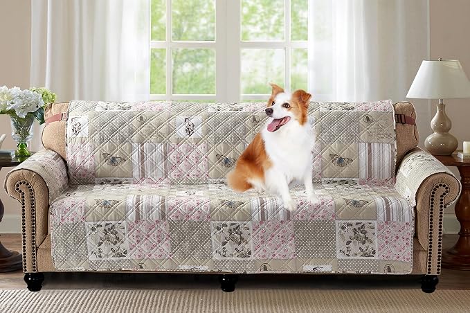 Brilliant Sunshine Grey Cupid & Pink Roses Patchwork Couch Cover, 78" seat | Quilted Sofa Cover, Living Room & Bedroom Furniture Protector, Extra Large Washable Slipcover for Pets, Dogs & Cats
