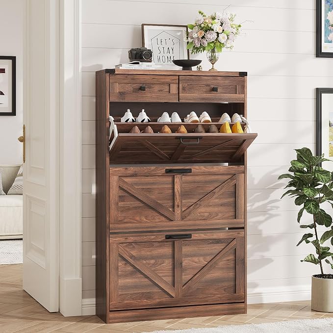 Halitaa Shoe Cabinet with 3 Flip Drawers & 2 Drawers,Freestanding Shoe Storage Cabinet for Entryway,Farmhouse Narrow Slim Organizer Rack for Foyer,Hallway,Dark Walnut