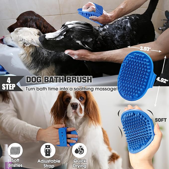 Bonteck Dog Slicker Brush for Dogs Grooming Kit 4PCS | Large Dog Brush for Goldendoodles Poodles Doodles | Long Pin Haired Brush | Poodle Brushes and Comb (Blue)