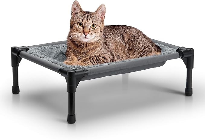 K&H Elevated Cat Bed, Pet Hammock Cot, Indoor Cat Bed, 22x17in, Gray | Free-Standing Raised Cot with Metal Frame, Washable Plush Cover, Rubber Feet, Tool-Free Assembly