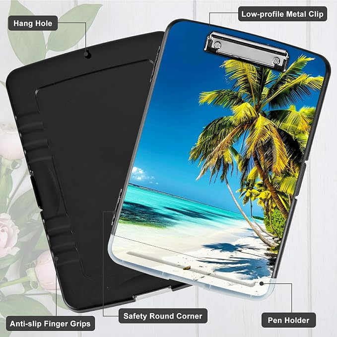Blue Beach Palm Tree A4 Clipboard with Storage Pen Holder, Clipboards Organizer Nursing Clipboard Foldable File Folder Plastic Clipboard Folio Clip Board for Office Students Classroom