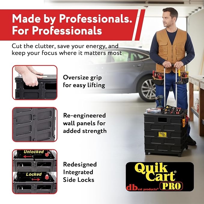 dbest Products Quik Cart Pro Collapsible Rolling Crate on Wheels - Black | Roll Up to 120 lbs Capacity, Heavy Duty Plastic Construction, Telescoping Handle, Folding Utility Cart